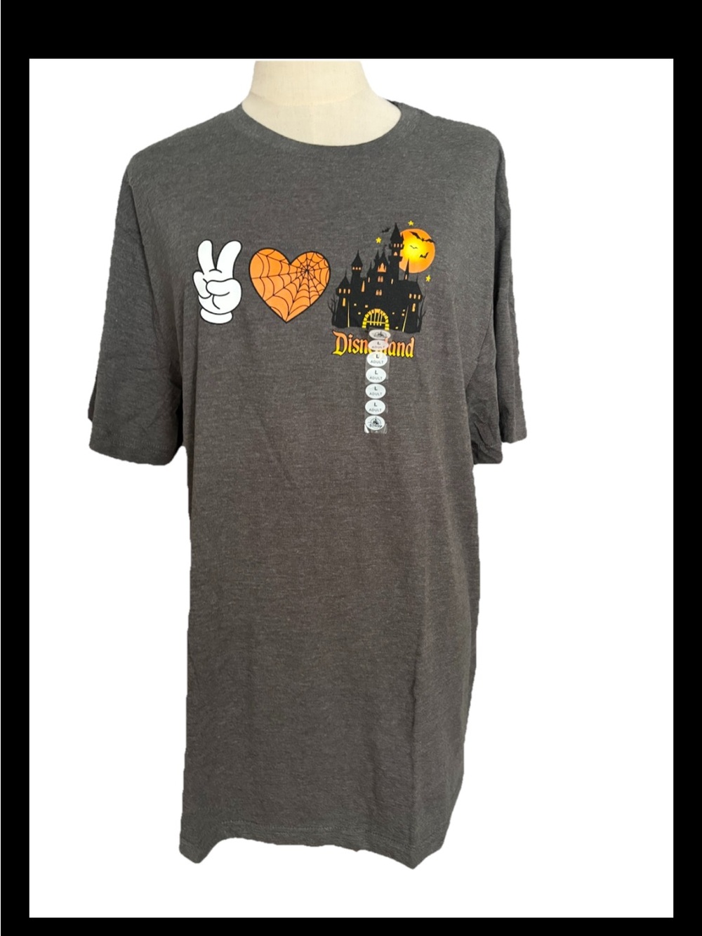 Disney Disneyland  Parks Halloween Peace Love Castle Gray Adult Shirt Large NWT